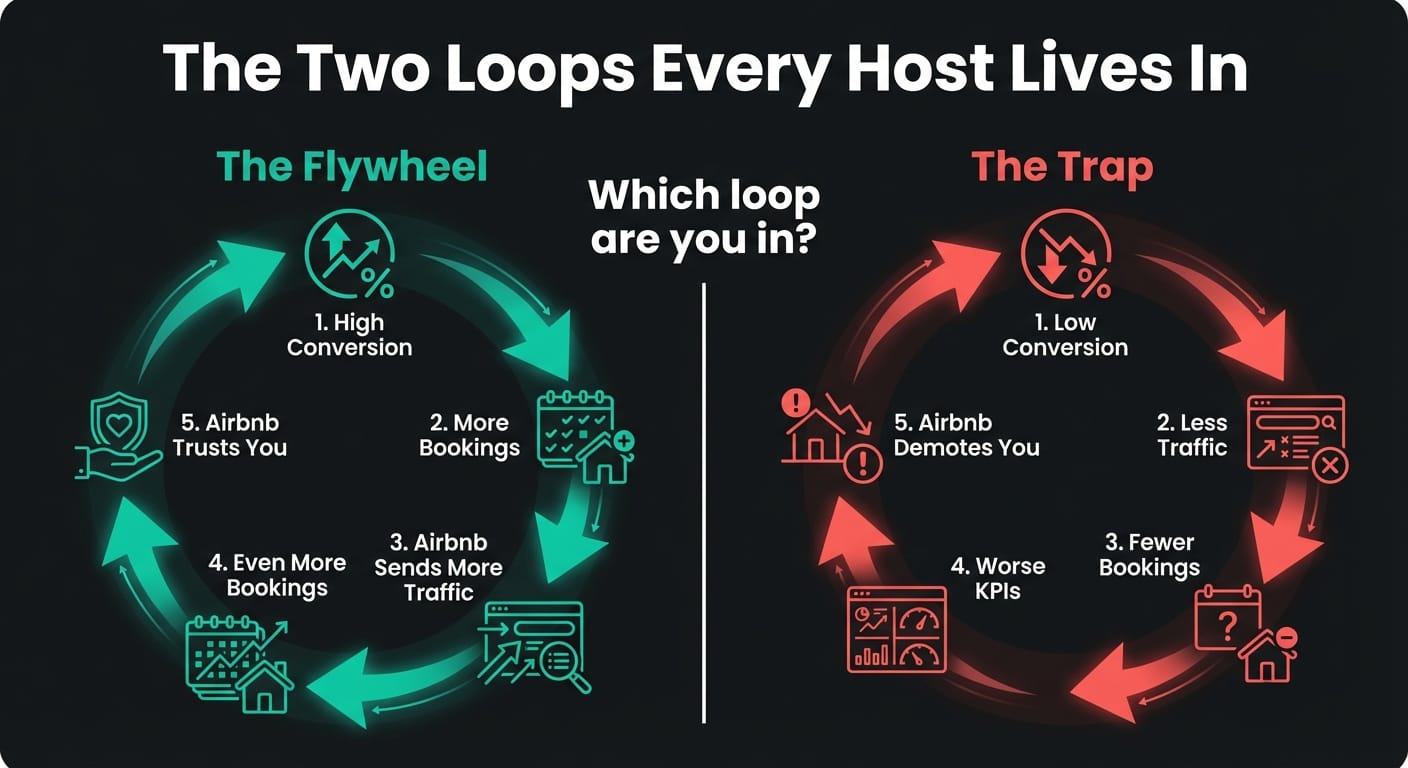 Infographic comparing the Airbnb flywheel positive loop of high conversion to more bookings to more traffic versus the trap negative loop of low conversion to less traffic to fewer bookings