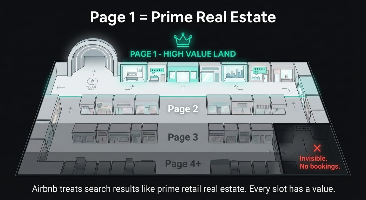 Infographic showing Airbnb search results as a shopping mall where page one is prime retail real estate and page four plus is invisible with no bookings