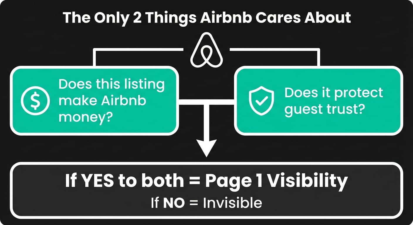Infographic showing the only two things Airbnb cares about: does this listing make Airbnb money and does it protect guest trust