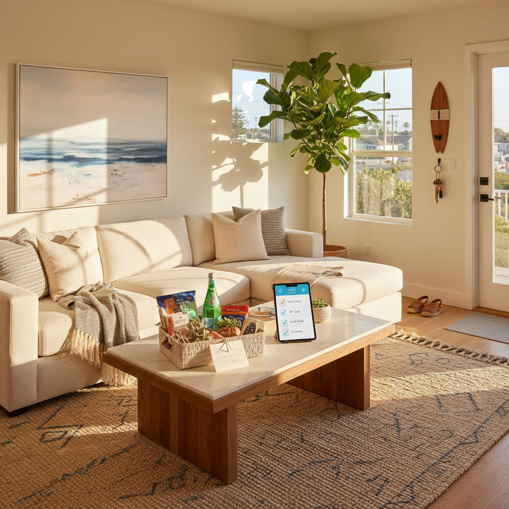 San Diego 5-star Airbnb ratings – coastal living room with welcome basket and checklist - OODA Management