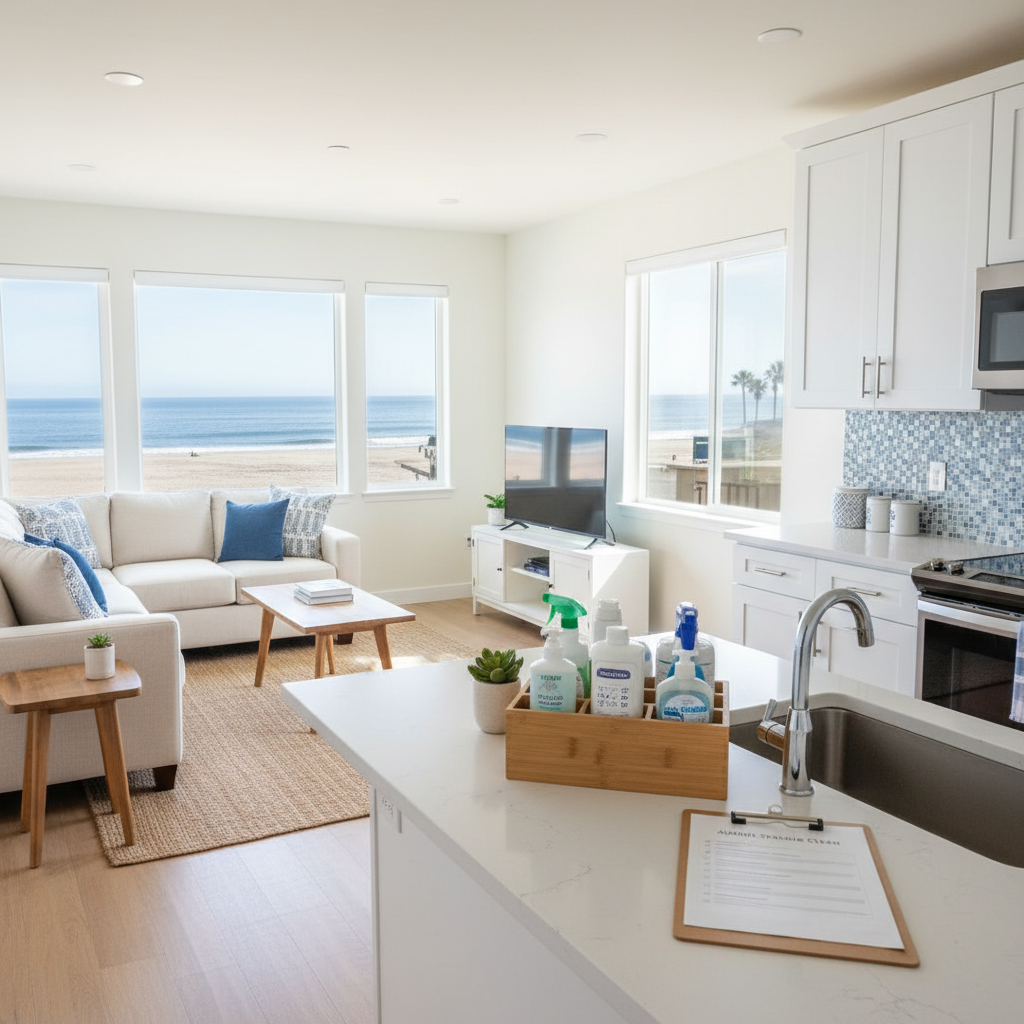 San Diego Airbnb cleaning checklist in action, spotless coastal rental with clipboard and cleaning caddy - OODA Management