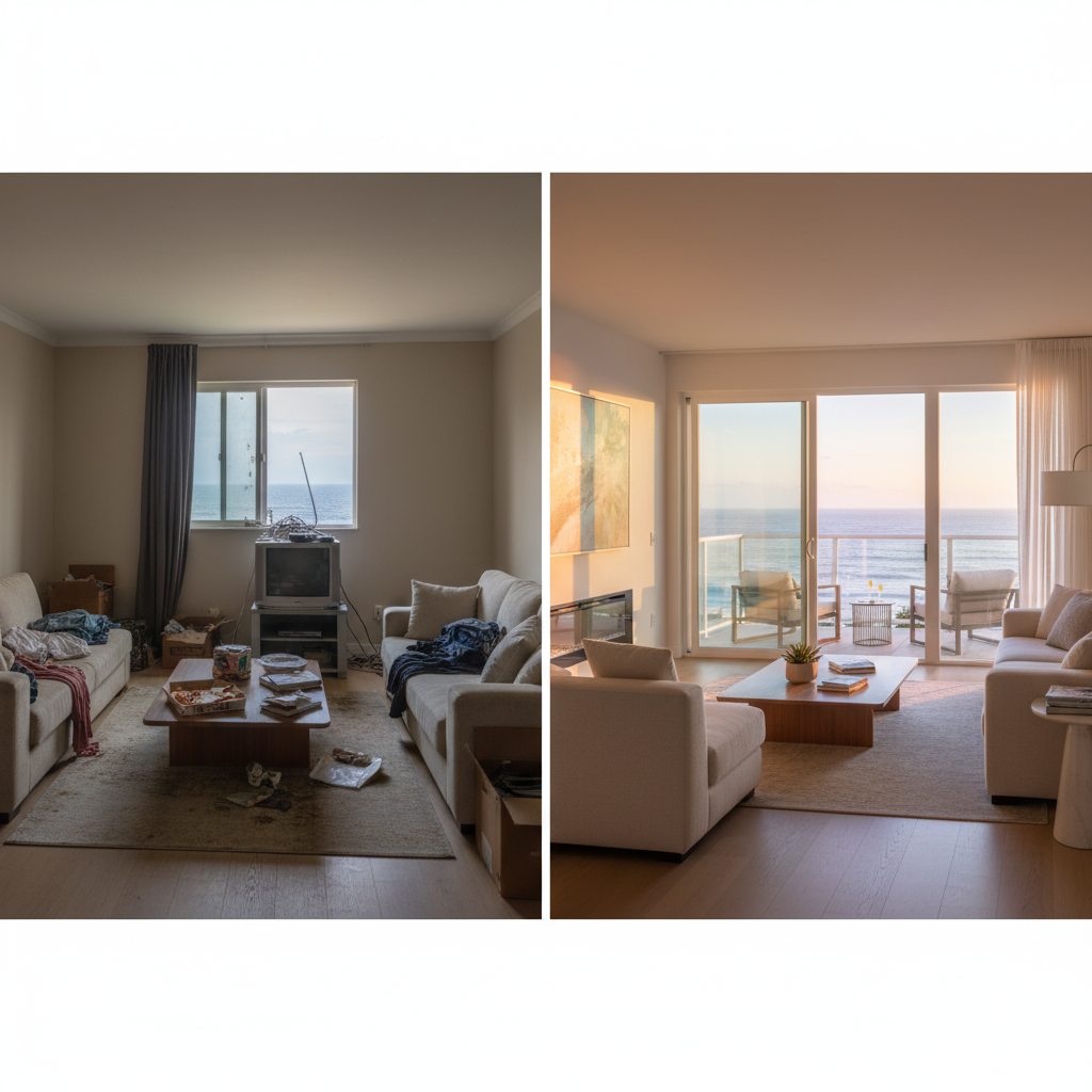 San Diego Airbnb listing optimization before-and-after hero photo upgrade, ocean-view condo - OODA Management