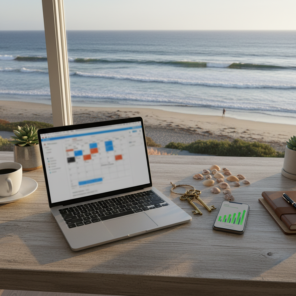 San Diego Airbnb revenue visual with calendar, keys, and ocean-view workspace, symbolizing optimization - OODA Management