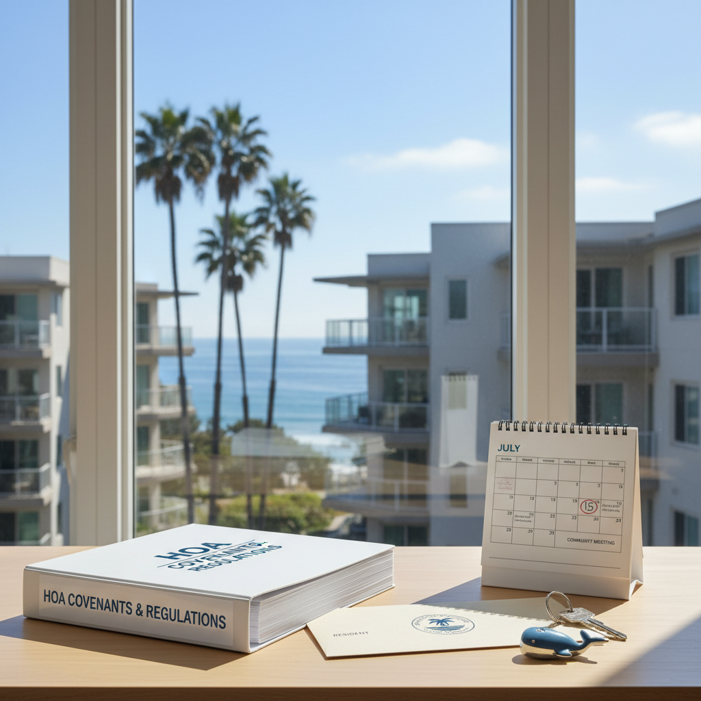 San Diego HOA Airbnb rules - compliance documents and keys with coastal condo view, 2025 focus - OODA Management
